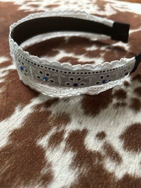 White Lace Headband with Blue Rhinestones handmade brand new